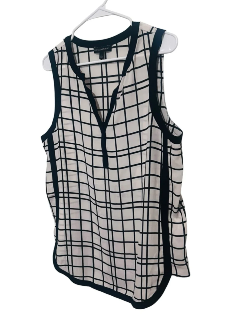 Banana Republic Windowpane Sleeveless Tunic Blouse Large Black White Checked